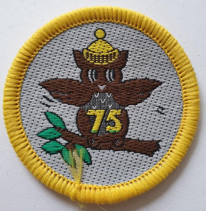 Woven badge in grey with yellow edging. Features an owl sitting on a branch, wearing a yellow woolly hat with pom pom. Lettering on owl's stomach in yellow: 75
