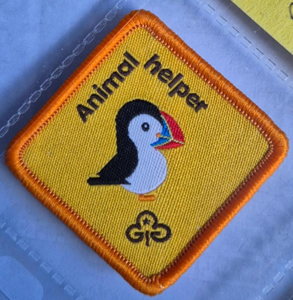 Brownie Animal Helper badge, orange binding, puffin logo