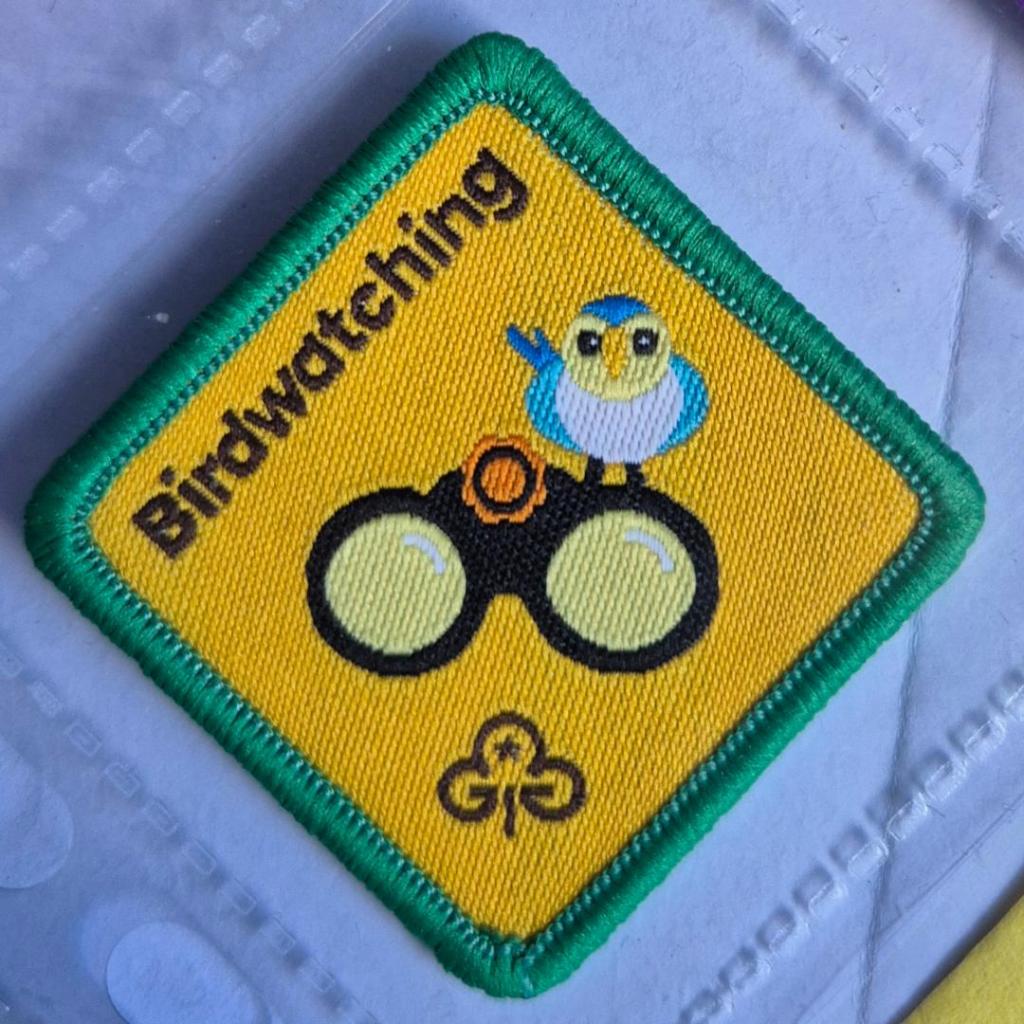 Brownie Birdwatching badge, green binding, logo shows bird perched on binoculars