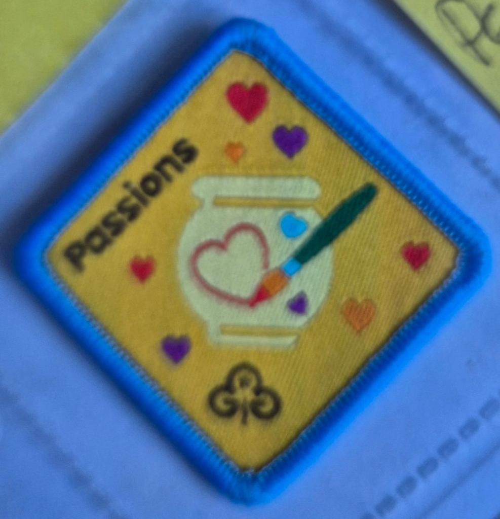 Brownie Passions badge, blue binding. Vase and paintbrush logo.
