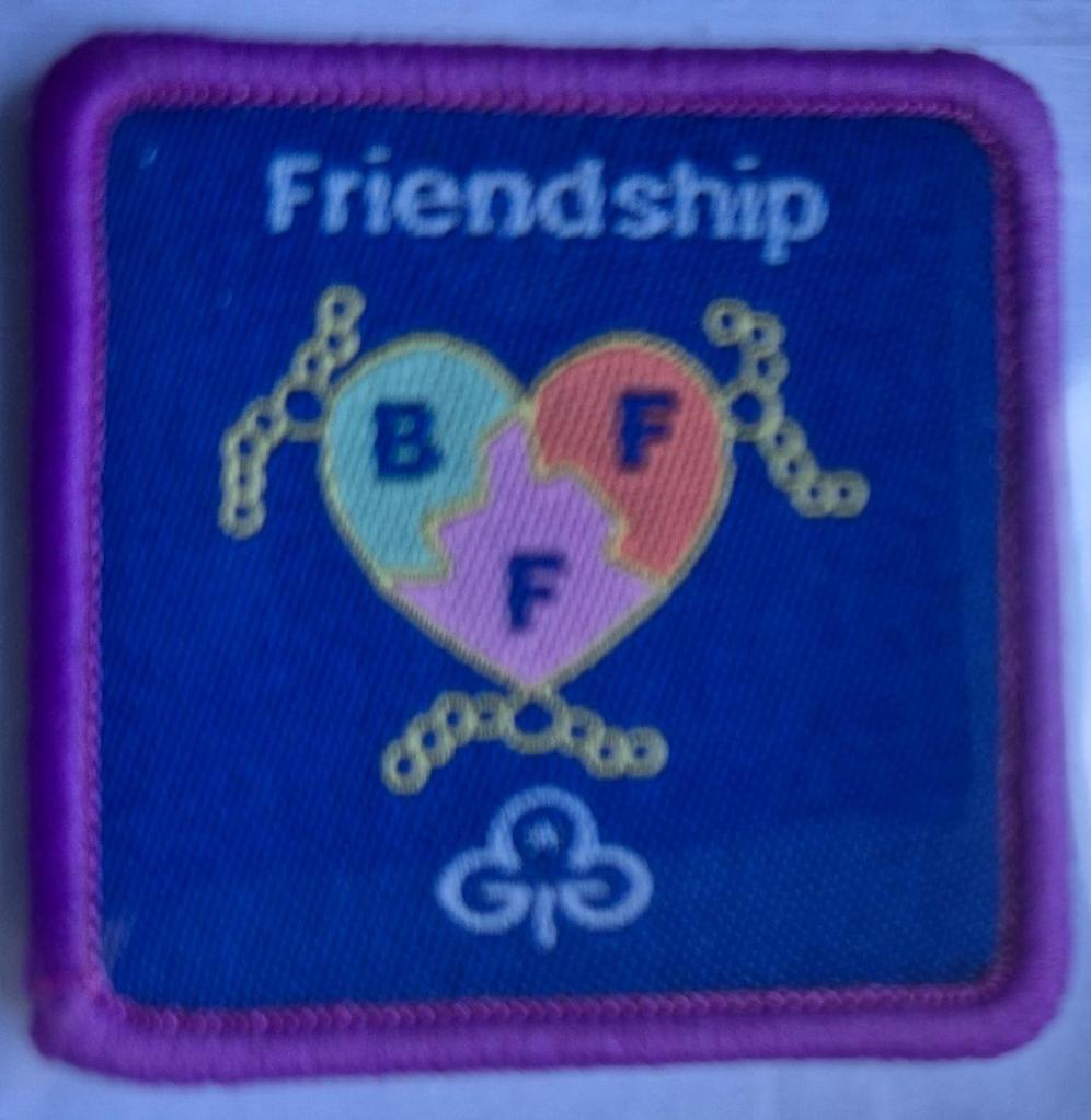 Guide Friendship badge, purple binding.  Friendship necklace badge logo.