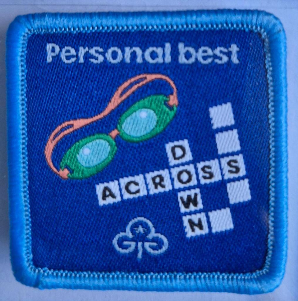 Guide Personal Best badge, blue binding.  Goggles and crossword logo.