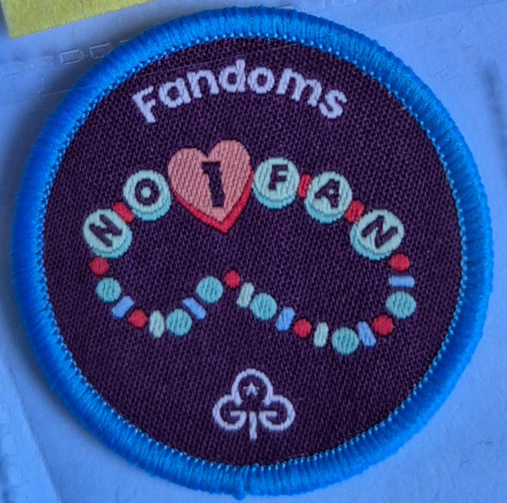 Ranger Fandoms badge, blue binding.  Beaded friendship bracelet logo.