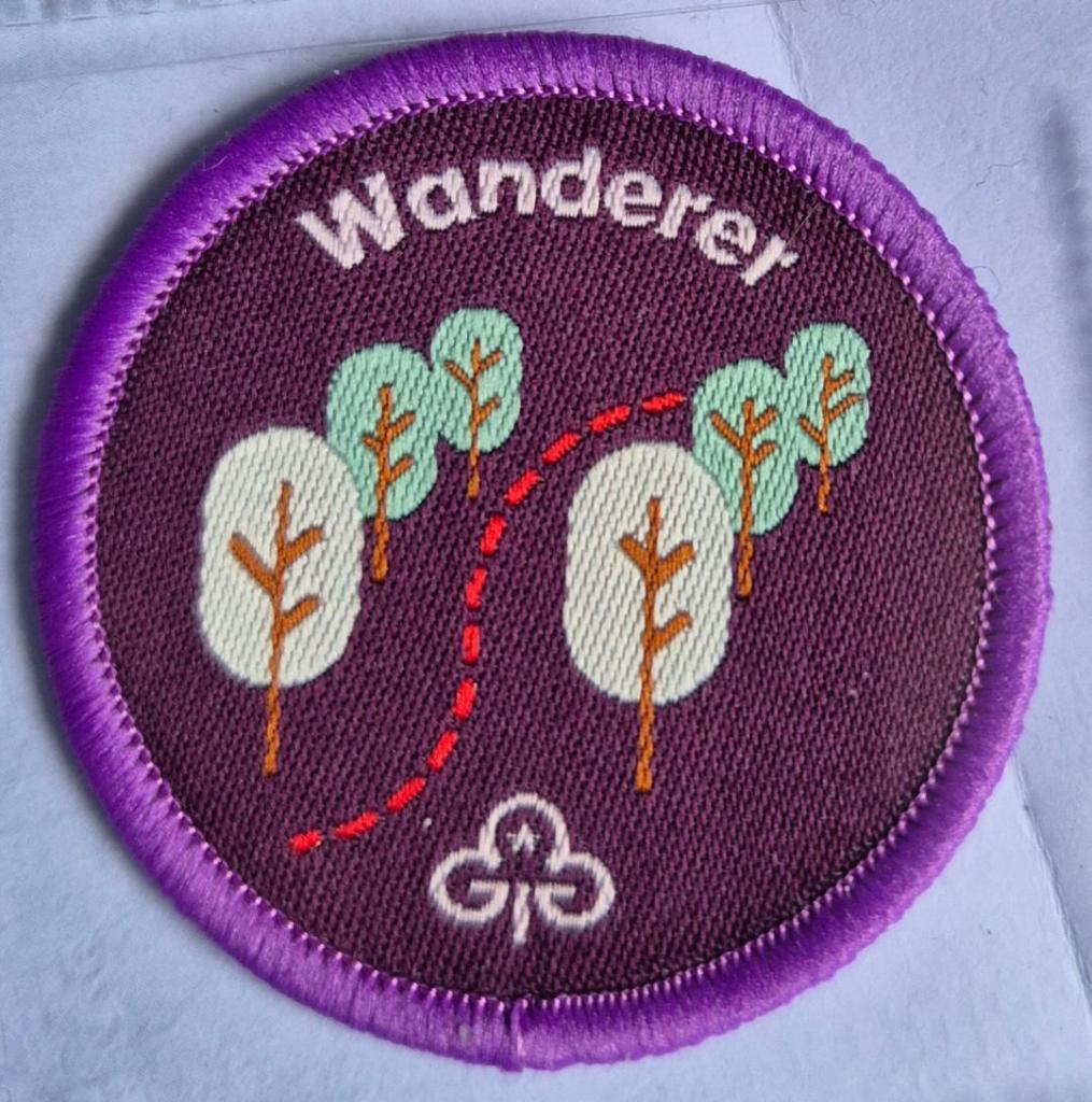 Ranger Wanderer badge, purple binding.  Dotted footpath between trees logo.